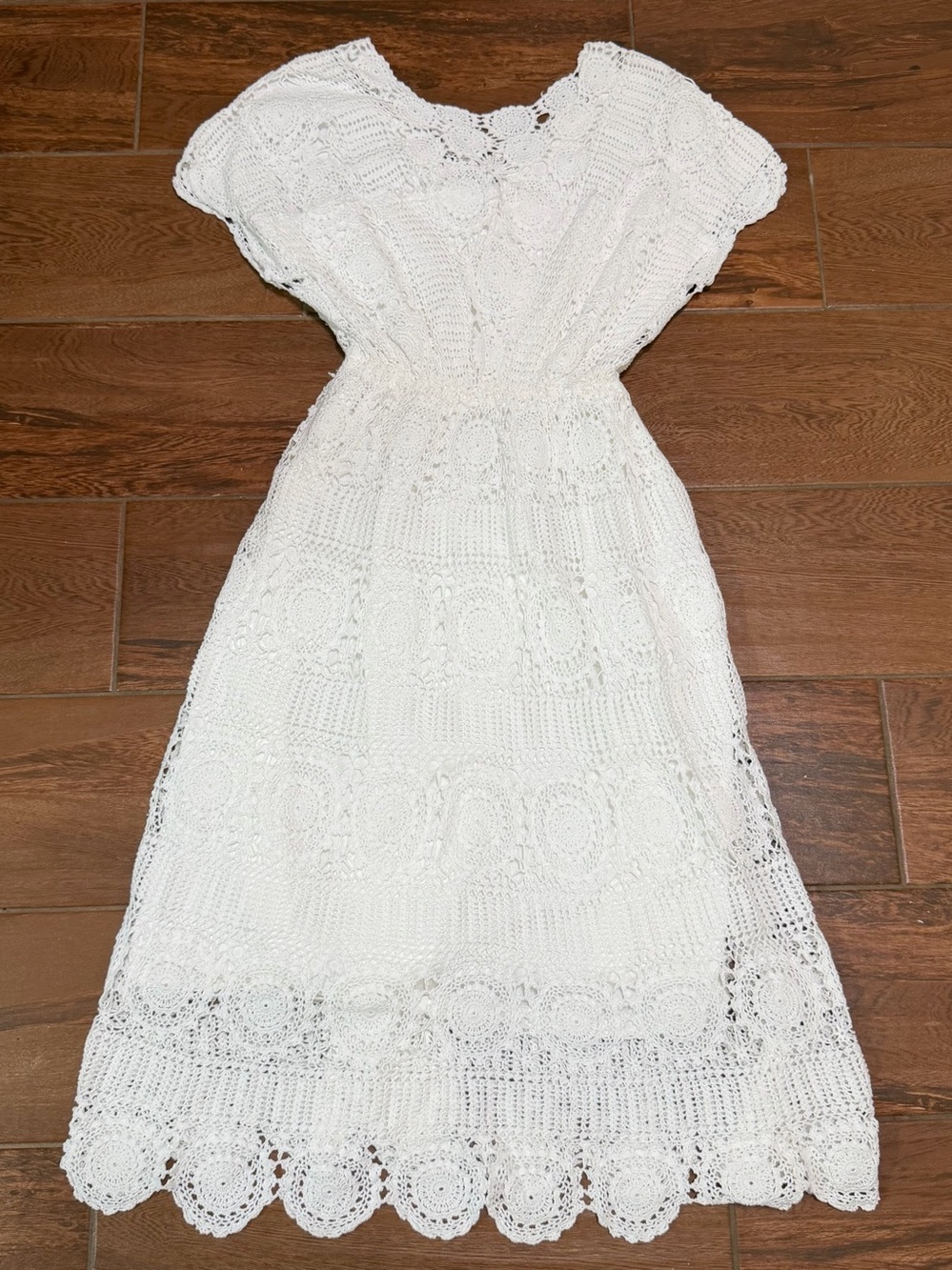 Vintage 70s White Hand Crochet Dress M Midi Cotton Sundress Prairie Boho Bridal - Picture 12 of 16